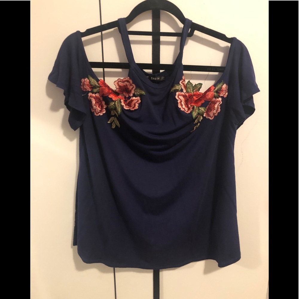 💚SheIN Navy Cold Shoulder Floral Top Size …